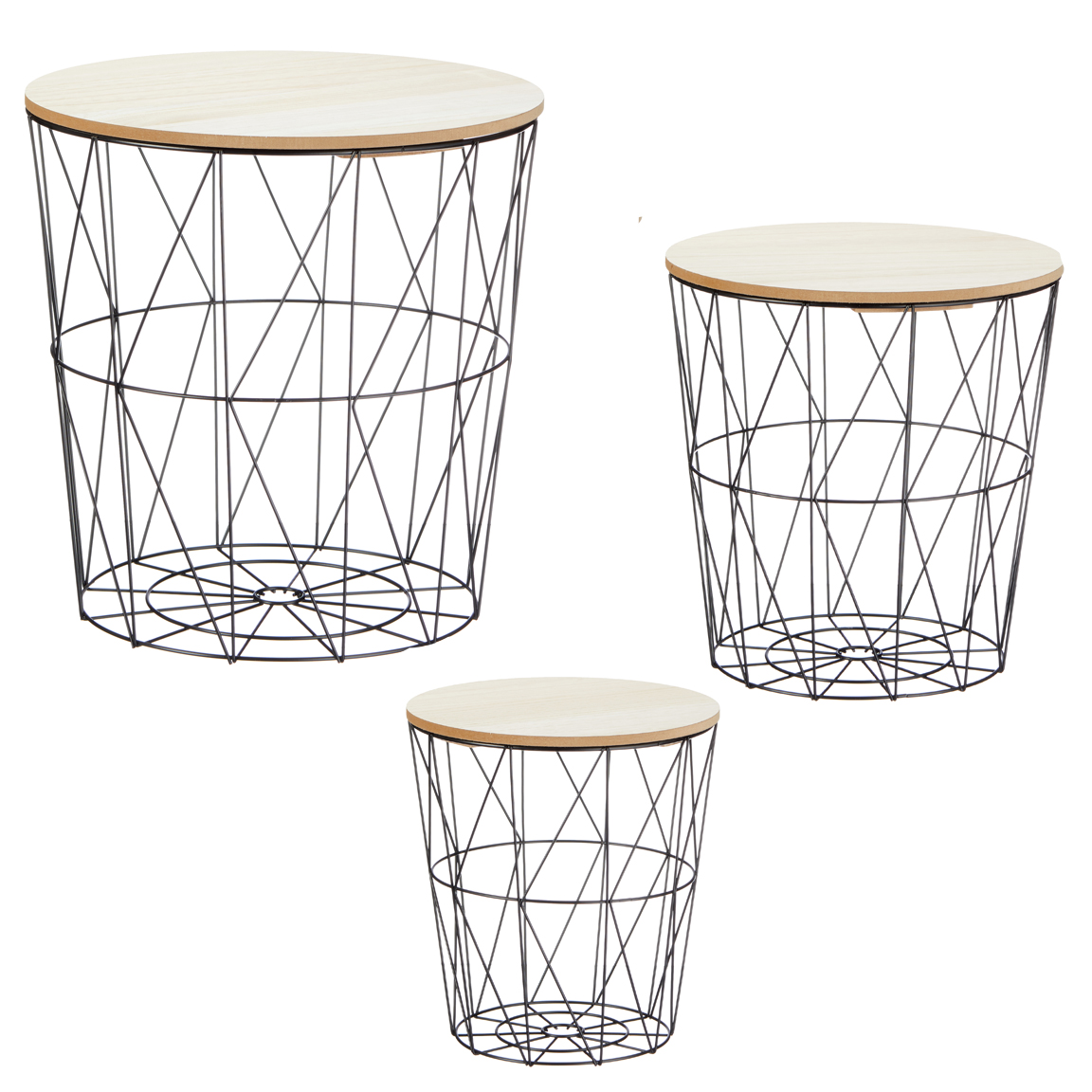 3ER SET KORB BEISTELLTISCH METALLKORB COUCHTISCH 3 GRÖßEN HOLZ DESIGN